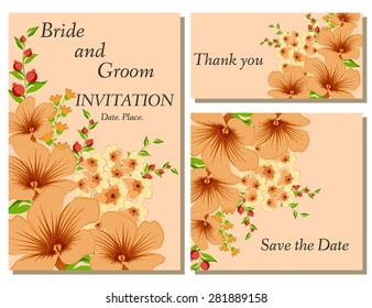 Wedding flower invitation, thank you card, save the date cards. Wedding floral vector set