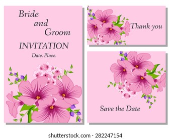 Wedding flower invitation, thank you card, save the date cards. Wedding floral vector set