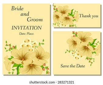 Wedding flower invitation, thank you card, save the date cards. Wedding floral vector set