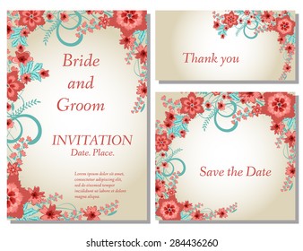 Wedding flower invitation, thank you card, save the date cards. Wedding floral vector set