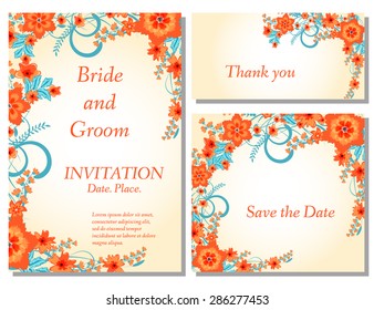 Wedding flower invitation, thank you card, save the date cards. Wedding floral vector set