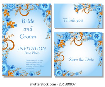 Wedding flower invitation, thank you card, save the date cards. Wedding floral vector set