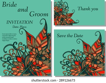 Wedding flower invitation, thank you card, save the date cards. Wedding floral vector set