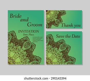 Wedding flower invitation, thank you card, save the date cards. Wedding floral vector set