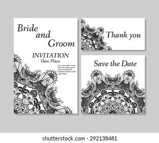 Wedding flower invitation, thank you card, save the date cards. Wedding floral vector set