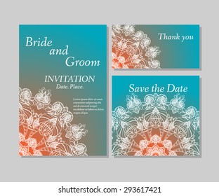 Wedding flower invitation, thank you card, save the date cards. Wedding floral vector set