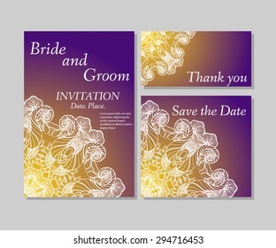 Wedding flower invitation, thank you card, save the date cards. Wedding floral vector set