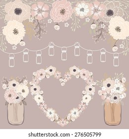 Wedding Flower / Mason Jar Banner / Heart Flower Wreath 