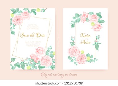 Wedding Flower, Vintage Rose for Invite Design. Floral Bouquet or Wreath in Watercolor Style. Elegant Classic Flower Border with Leaf for Wedding Card. Decorative Botanical Frame, Flower Illustration.