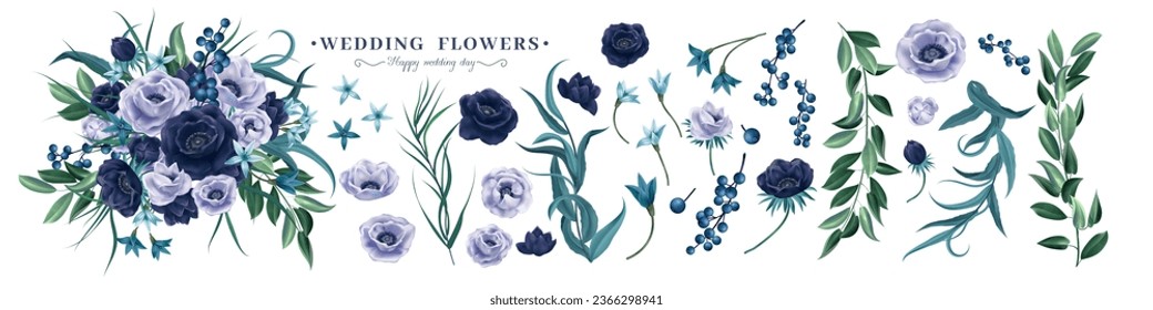 Wedding flowers. Blue anemone, white floral bouquet, ornate green leaf material for scrapbook. Decorative isolated herbals, beautiful botanical decor. Blossom and berry. Vector exact set