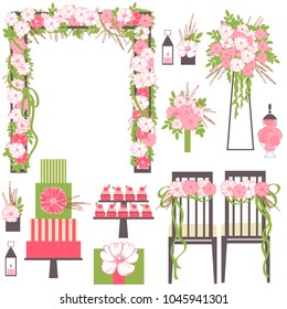 Wedding flowers, cake, decoration for chairs, bridal bouquet. Vector illustration.