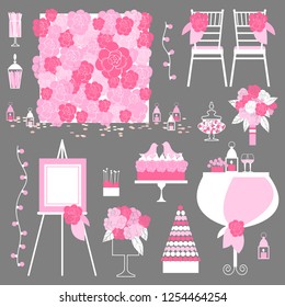 Wedding flowers, cake, decoration for chairs, bridal bouquet. Vector illustration.