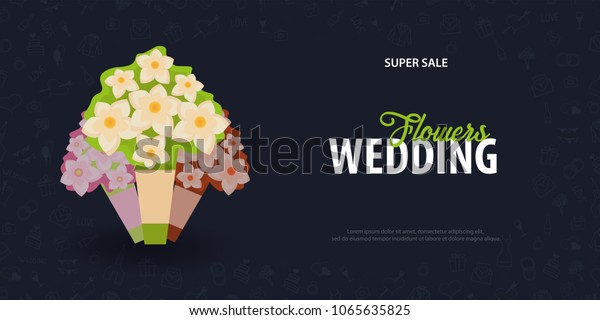 Wedding Flowers. Flat\
Wedding agency banner with hand draw doodle on a background. Vector\
illustration