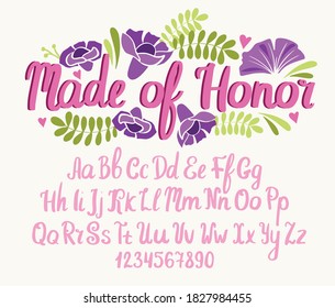 Wedding font. Typography alphabet with colorful romantic illustrations. Handwritten script for party celebration and crafty design. Vector with hand-drawn lettering.