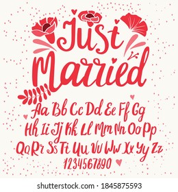 Wedding font. Typography alphabet with colorful romantic illustrations. Handwritten script for party celebration and crafty design. Vector with hand-drawn lettering.