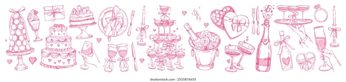 Wedding food beverage hand drawn set, vector watercolor doodle romantic anniversary celebration. Champagne tower wineglass, macaroon cake, whimsical love invitation design. Wedding beverage party kit