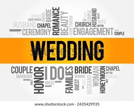 Wedding - formal ceremony or celebration that marks the union of two individuals in marriage, word cloud concept background