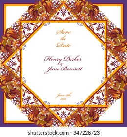 Wedding frame with autumn wild grape branches with orange red leaves. Printable abstract background. Deep blue and orange design. Vector illustration. 