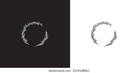 Marco de la boda.  Marco circular de hojas en blanco y negro con líneas redondeadas separadas para tarjeta de boda, diseño de logotipo y Plantilla de póster. Imprimir
