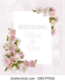 Wedding frame card with cherry flowers. Vector delicate postcards