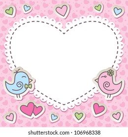 wedding frame with cartoon birds and hearts