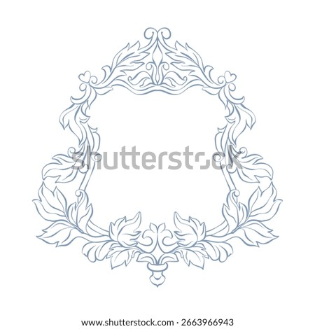 Wedding frame crest. Vintage baroque frame. Wedding crest ornate floral. Elegant monogram engraving border. Hand drawn line art frame for wedding invitation, card, decor. Luxury classic ornate crest.