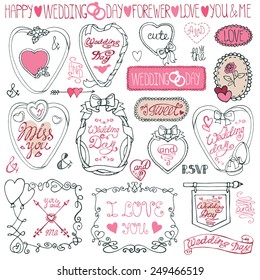Wedding Frame decor set.Label,badges, headline elements collection.Cute Doodle hand drawing decor set for invitation,card,template in outline.Vintage vector in flat.Retro,romantic style