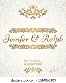 Wedding Frame design, elegant hand drawn vignette Frame and light golden background. 