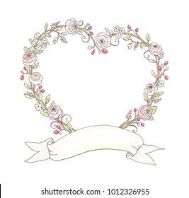 Wedding frame in heart shape of colorful  flowers Roses, leaves and berries. Vector floral illustration in vintage style for your text.