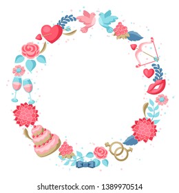 Wedding frame for invitation or greeting card. Marriage background with romantic items.