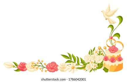 Marco de boda para invitación o tarjeta de saludo. Matrimonio de elementos decorativos con objetos románticos.