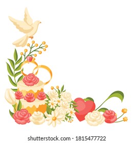 Wedding frame for invitation or greeting card. Marriage decorative element with romantic items.