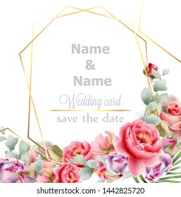 Wedding frame peony watercolor Vector. Golden abstract frame decor. Floral summer composition