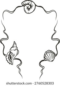 Wedding frame with seashell border and flowing ribbons in hand-drawn line art. Symbol of romance, beach ceremony, and coastal love with maritime ornament, space for text. Cartoon vector illustration.