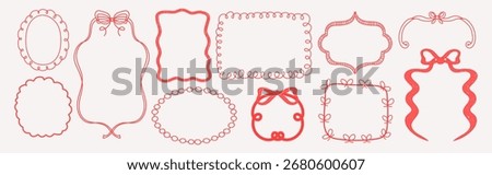Wedding frame set with lace and pearls. Hand drawn oval and wavy vintage borders with bows and ribbons. Elegant retro vector decorations for invitations, greeting cards, postcards, and celebration des