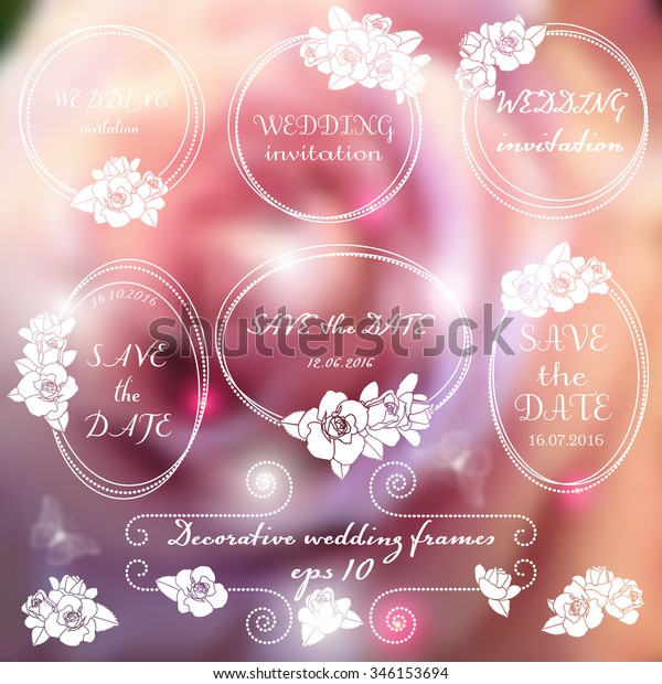 Wedding frames with roses on floral  blurred\
background; vector set