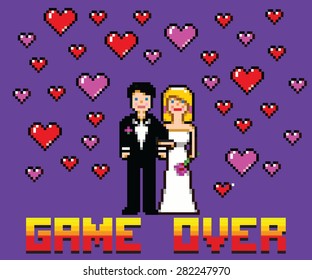 wedding funny card with game over message pixel art style vector illustration