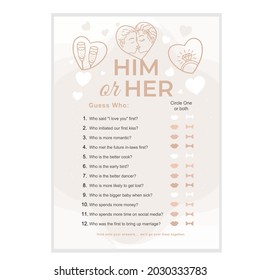 Wedding game for bride and groom- him or her, questions and answers. Card template with romantic vector illustrations