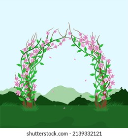 Decoración de la puerta de bodas con hojas y flores.
