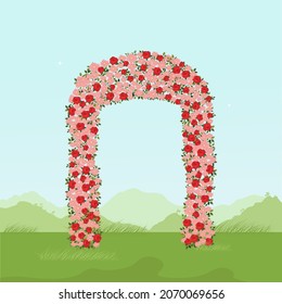 Puerta de boda llena de flores, amor de pareja.