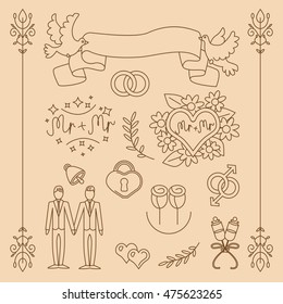 Wedding gay vector set with icons and elements thin line