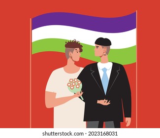 Wedding of genderqueer people, genderqueer flag. Flat vector stock illustration. Non-binary adults, agenders, bigenders. The rights of LGBTQ people. Genderqueer wedding