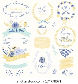 Wedding gentle collection with labels, ribbons, hearts, flowers, arrows, wreaths, laurel and birds. Graphic set in retro style. Save the Date invitation in vector.