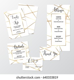 Wedding geometric invite design set with gold polygons including invitation, menu, RSVP, thank you and details card. 