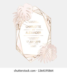 Wedding geometric polygonal card design with gold tropical leaves.