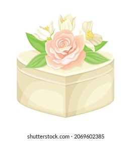 Wedding Gift Box with Floral Decor on Top Closeup Vector Illustration