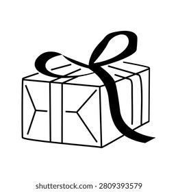 Wedding Gift Box Line Icon. Present Package with Ribbon Bow. Bridal Shower Favor. Editable Stroke. Isolated Vector Illustration. Gift Box with Ribbon Wedding Present Outline Icon. Bridal Celebration Symbol. Bridal Shower Gift Box Outline Icon. Wedding Present with Ribbon. Editable Stroke. Wedding Gift Box Hand-Drawn Doodle Icon Vector Illustration.