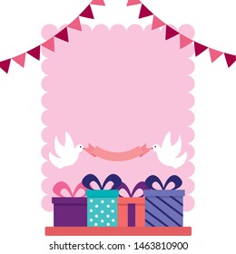 wedding gift boxes on table pennant pigeons ribbon vector illustration