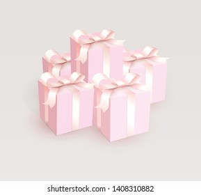 Wedding gift boxes with tender satin ribbon. Magic pink beautiful Gift closed boxes for girl, side view. Vector illustration.