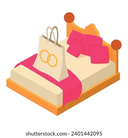 Wedding gift icon isometric vector. Gift bag with two gold ring picture on bed. Newlywed present, wedding concept